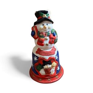 Dolgencorp Ceramic Patriotic Christmas Snowman Welcome Bell Red White Blue 5.75”